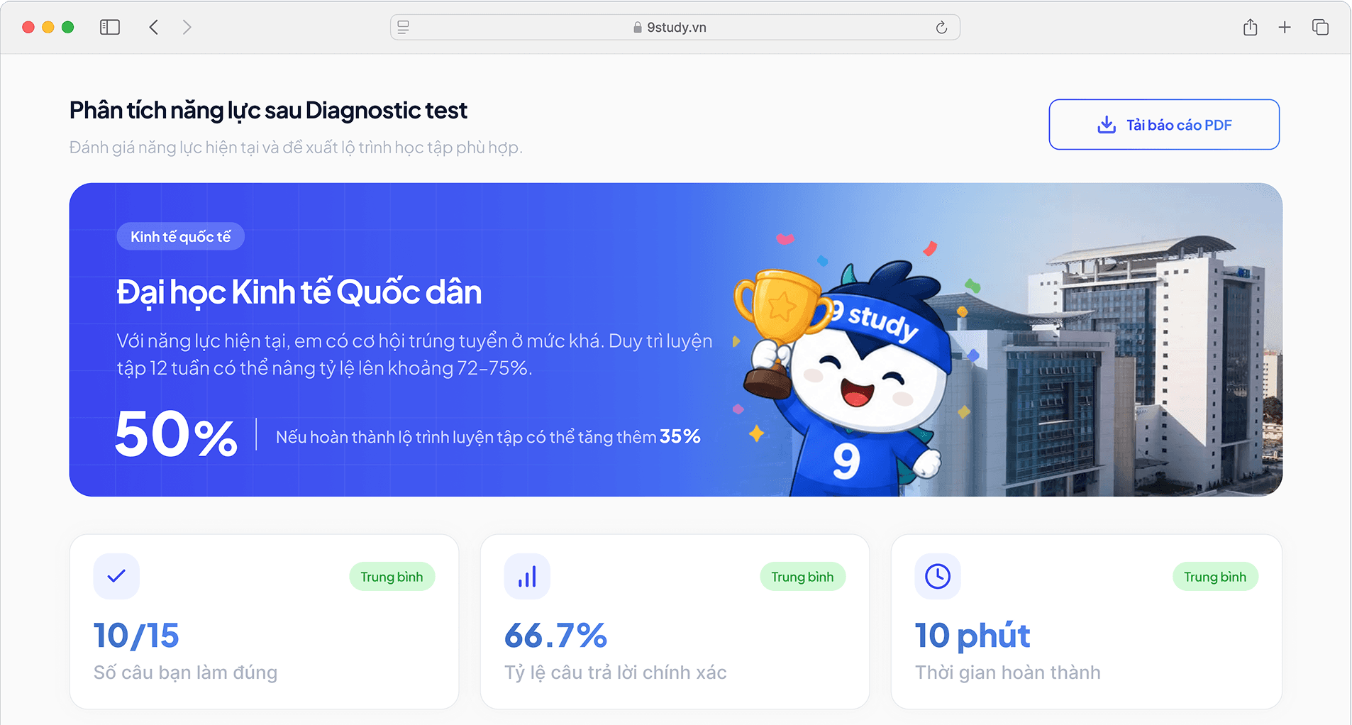 Giao diện báo cáo định hướng cá nhân trên 9Study